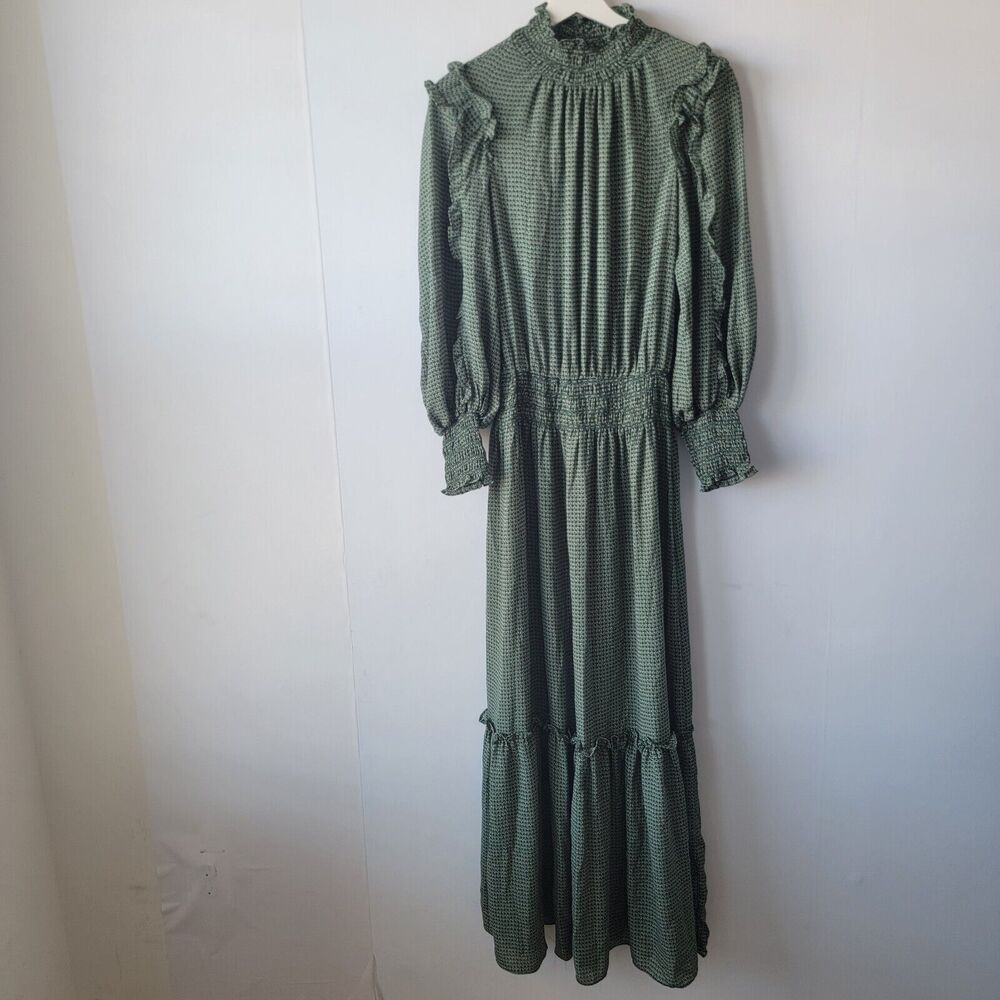 Max Studio Womens Long Sleeve Smocked Midi Dress sz M Ruffled High Neck sheer